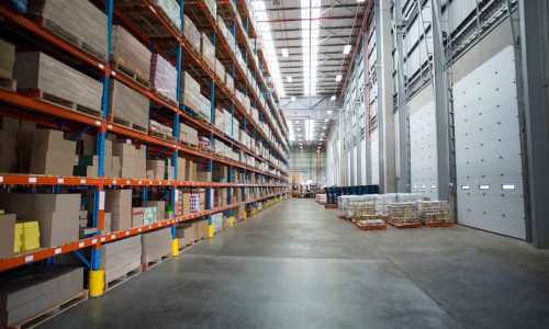 View of goods are tidy on shelves in a warehouse